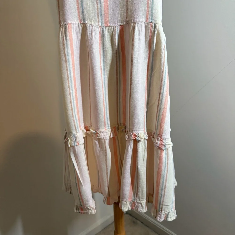 Bobi LA Square Neck Tiered -SZ M- Cream Multicolored Striped Linen Rayon Dress